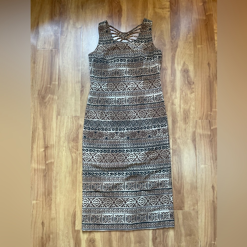 Vintage 90s Earthy Boho Chic Aztec Print Midi Sheath Dress, Size Small - Picture 6 of 13